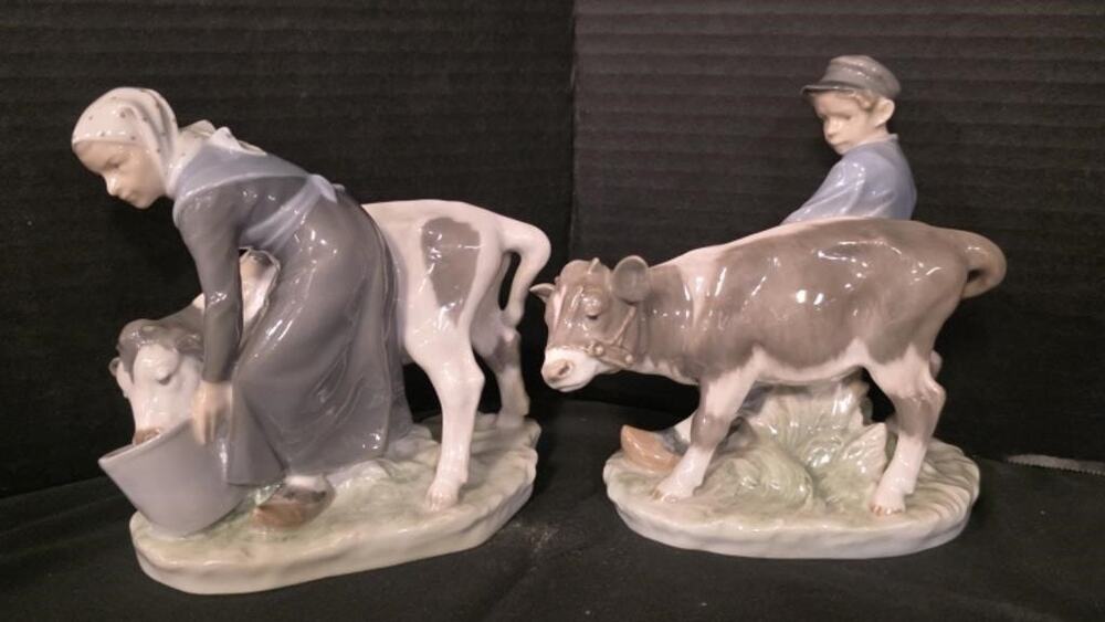 Royal Copenhagen farm girl and boy tending cows Figures c.1950 6.5"